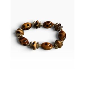 Vintage Style Brown Spotted Animal Print Beaded Stretch Bracelet Gold Tone
